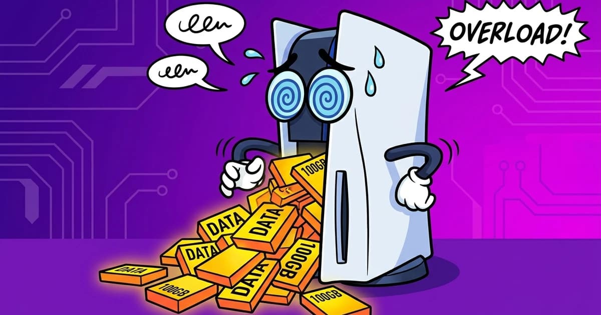 Console de jeu débordant de données, illustration cartoon