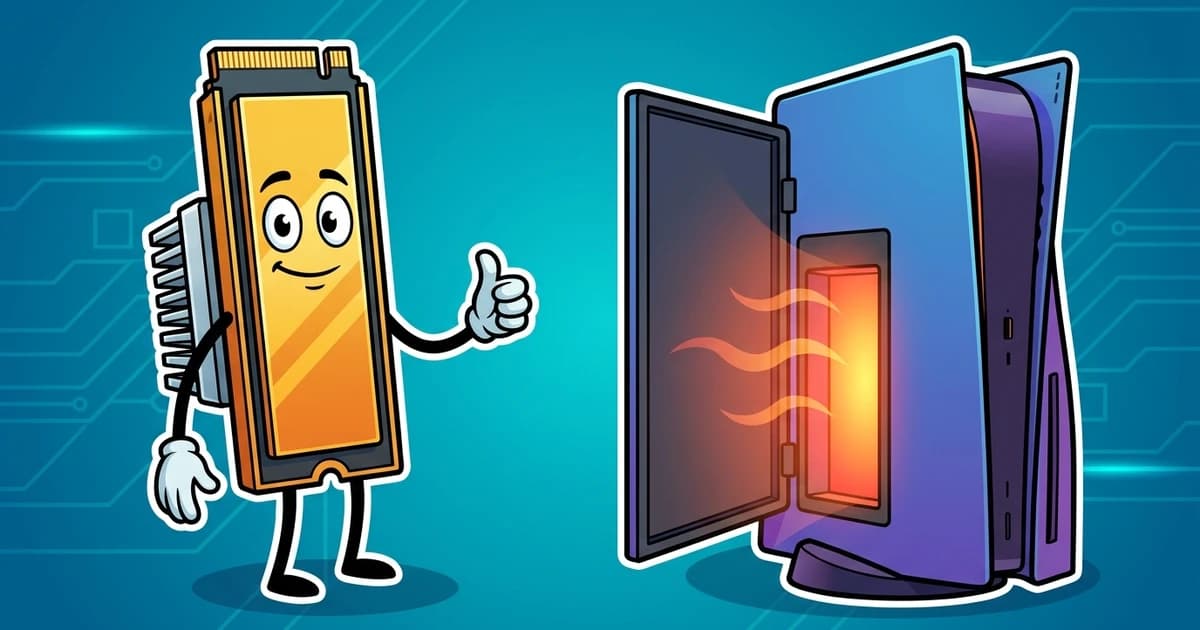 SSD NVMe accueilli par une console de jeu, illustration cartoon